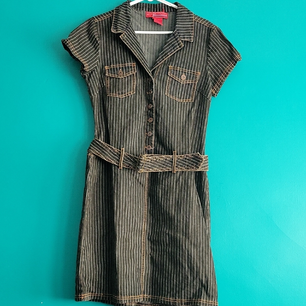 Striped Black Denim Dress with Belt